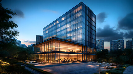 Canvas Print - Modern glass office building at dusk.