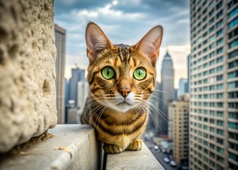 Wall Mural - A curious Bengal cat peers out from amidst concrete skyscrapers, its whiskers twitching as it explores the cityscape with intrigued, bright green eyes.