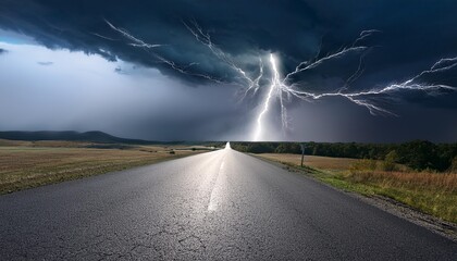 Wall Mural - thunder super storm or tornado on road