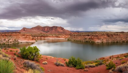 Poster - water reservoir in red rock basin with overcast skie in rural new mexico