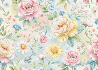  Soft focus pastel hued digital paper features delicate hand-painted floral illustrations of roses, peonies, and daisies in pale pinks, blues, and yellows.