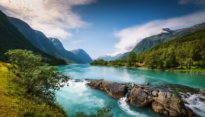 Poster - mountain river beautiful nature norway natural landscape lovatnet lake also loenvatnet is a lake in the municipality of stryn in vestland county norway