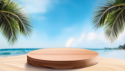 Wall Mural - wooden podium with copy space for product display presentation on palm beach and blue sky background tropical summer and vacation concept graphic art design