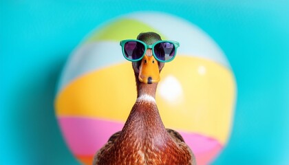 Sticker - funny duck in sunglasses in trendy style on colorful background portrait pet summer pet care generated ai