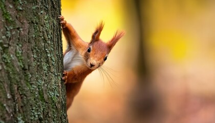 Sticker - the eurasian red squirrel sciurus vulgaris looking from behind a tree beautiful autumn colors delicate background shallow depth of field