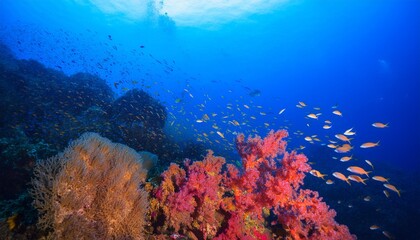 Wall Mural - beautiful soft coral reef and many fish photography in deep sea in scuba dive explore travel activity underwater with blue background landscape in andaman sea thailand