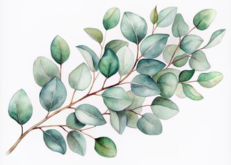 Canvas Print - Delicate watercolor illustration of a beautiful eucalyptus branch with lush green leaves and subtle silver tones, isolated on a crisp white background.