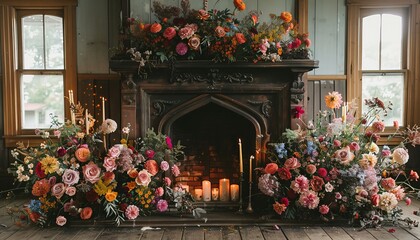 Poster - grand fireplace decorated with dark flowers and candles, creating a gothic wedding backdrop