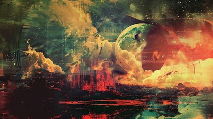 Sticker - Abstract Digital Artwork with Planet and Clouds