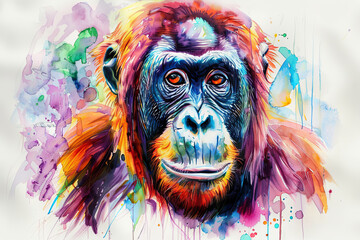 Watercolor painting of an apes face with vibrant colors