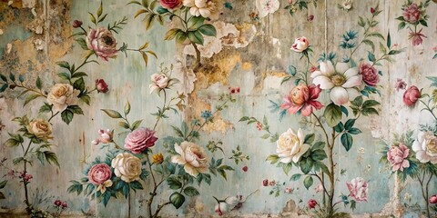 Wall Mural - softly lit, distressed floral wallpaper scene with peeling edges, crackled paint, and subtle oil tex