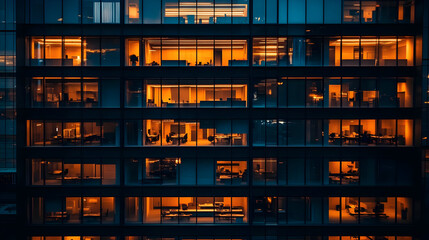 Wall Mural - Modern office building with illuminated windows at night.