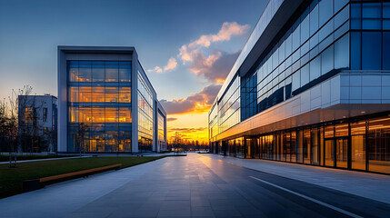 Sticker - Modern office buildings at sunset with a paved walkway.