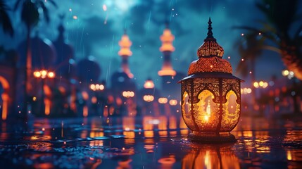 Wall Mural - Arabic lantern of ramadan celebration, ramadan kareem background with Mosque.