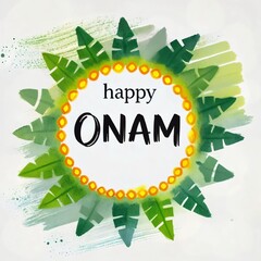 Poster - Round watercolor frame illustration with leaves for onam.