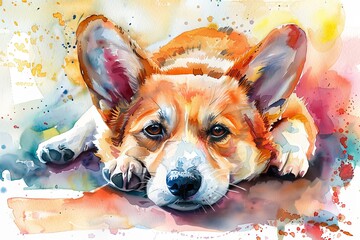 Wall Mural - A watercolor painting of a corgi dog, laying down and looking at the camera