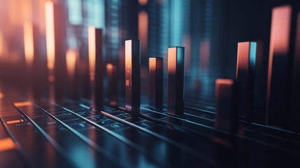 Poster - An artistic representation of a 3D bar chart with shadow effects, emphasizing the depth and texture of each bar, set against a modern, minimalistic background for a high-tech feel.