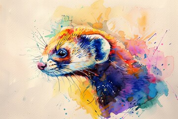 Wall Mural - A colorful watercolor painting of a ferrets head with a vibrant background