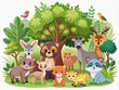 © Man888 - Whimsical flat vector illustrations of cute wild animals in forest scenery surrounded by lush green trees, isolated on white background, perfect for design projects.