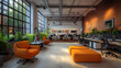 © Siasart Studio - Modern office interior with brick wall, large windows, and orange furniture.