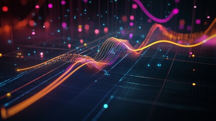 Poster - An overhead shot of a 3D line graph showing multiple data points and trends, with axes clearly labeled and the lines extending dynamically across the graph's surface.