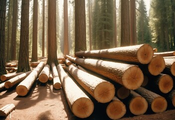 Canvas Print - Stacked logs in a forest with sunlight filtering through the trees