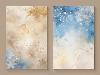 Sticker - flyers, poster, banner. Stucco. Wall, water paint splashes, Watercolor art beige, blue neutral colors background,and beige watercolor drawing background , Vector.