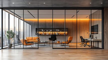 Sticker - Modern office interior with glass walls and city view.