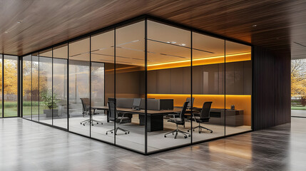 Sticker - Modern office interior with glass walls, wood ceiling, and yellow accents.