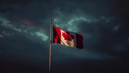 Canadian Flag Waving Against Dramatic Evening Sky with Dark Clouds