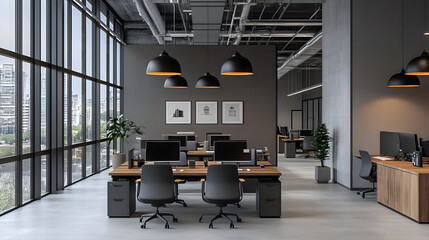 Poster - Modern office interior with large windows and black chairs.