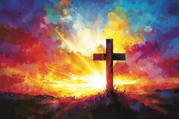 Cross Sunset Serenity Christianity Religion Spiritual Symbol - Generative AI