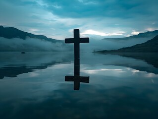 Poster - Serene Cross Reflection in Tranquil Lake Landscape at Dusk or Dawn