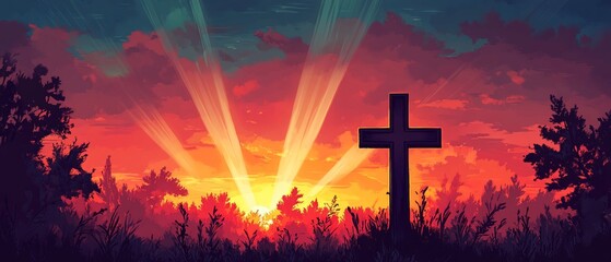 Cross Sunset Serenity Christianity Religion Spiritual Symbol - Generative AI