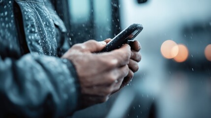 A detailed image of a person using a smartphone in the rain with a blurred background, highlighting the importance of technology and connectivity in all weather conditions.