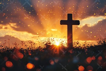 Cross Sunset Serenity Christianity Religion Spiritual Symbol - Generative AI