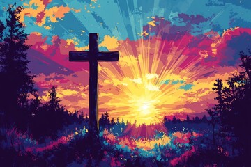 Cross Sunset Serenity Christianity Religion Spiritual Symbol - Generative AI