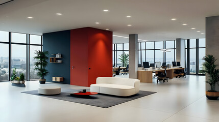 Sticker - Modern office interior with white sofa and city view.