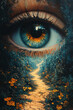 © Vilius - Surreal landscape with a large eye integrated into rocky terrain, featuring pathways leading to the eye, symbolizing the connection between human consciousness and the natural world