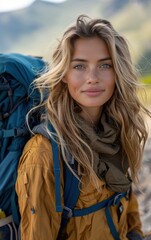 Wall Mural - A woman with long blonde hair is wearing a yellow jacket and a green scarf. She is smiling and she is enjoying her time outdoors