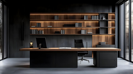 Canvas Print - Modern office interior with wooden shelves and desk.