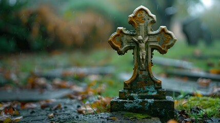 Poster - Weathered Stone Cross in a Peaceful Graveyard Historical Christian Symbol of Faith and Remembrance