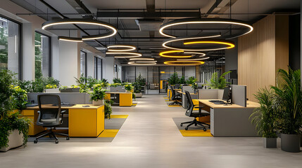 Sticker - Modern office interior with yellow desks, plants and circular lights.