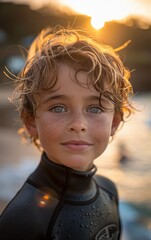 Poster - A young boy with blonde hair and blue eyes is smiling at the camera. He is wearing a black wetsuit and he is enjoying himself