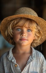 Poster - A young blonde child with blue eyes is wearing a straw hat. The hat is brown and has a white stripe. The child is smiling and looking at the camera