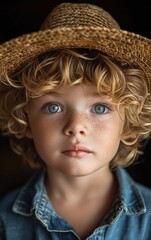 Poster - A young boy with blonde hair and blue eyes is wearing a straw hat. He is smiling and looking directly at the camera