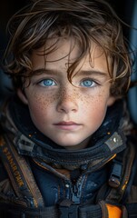 Poster - A young boy with blue eyes and a beard. He is wearing a black jacket and a backpack