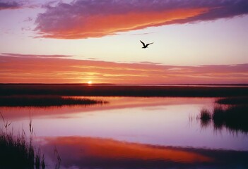 Canvas Print - A dramatic sunset over a calm body of water,