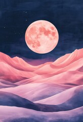 Wall Mural - illustration of pink dunes at night, purple sky, pink moon in the distance, minimalist, watercolor style