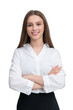 © ImageFlow - Smiling woman with arms crossed, wearing a white shirt, isolated on white background. Concept of confidence and professionalism